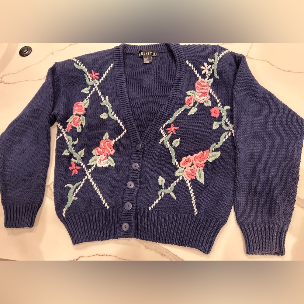 Vintage Navy Cardigan Sweater M Embroidered Roses Shoulder Pads Medium